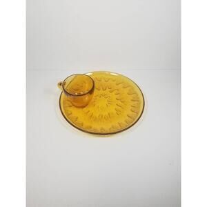 Vintage Amber Sunburst Snack Set, 4 Tea  Cups, & Luncheon Plates, Box